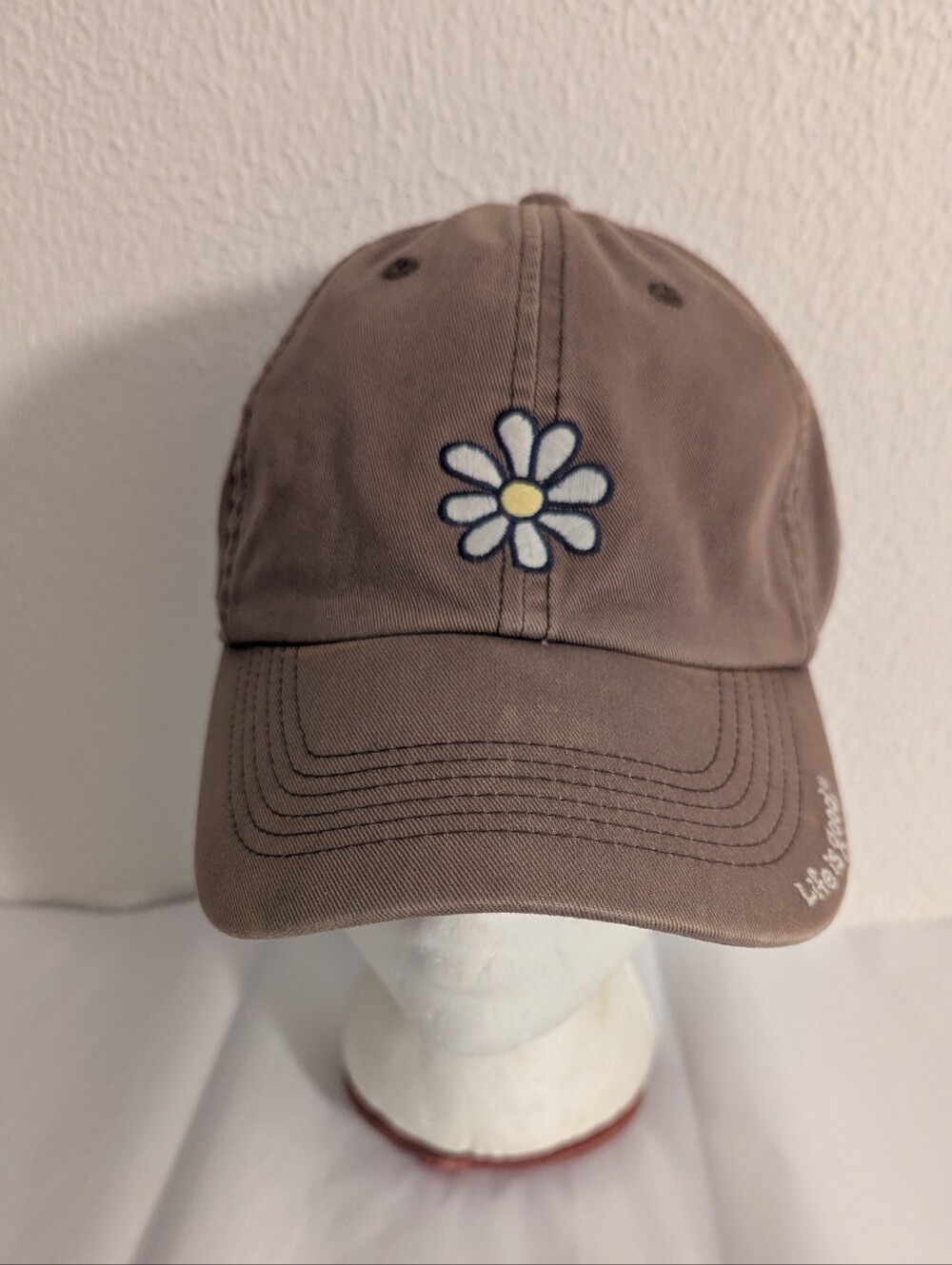 Life Is Good Strap Back Hat Cap baseball Brown Embroidered Daisy Flower Women's